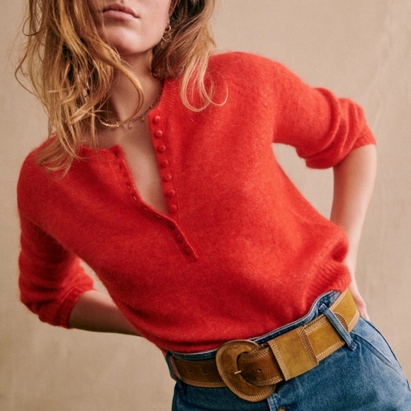 Sezane Sweaters - Sezane Red Crewneck Button-Front Sweater